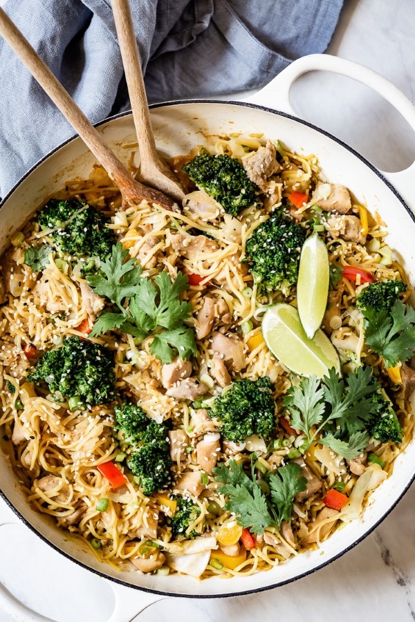 Weeknight Chicken Low Mein Recipe in a saute pan