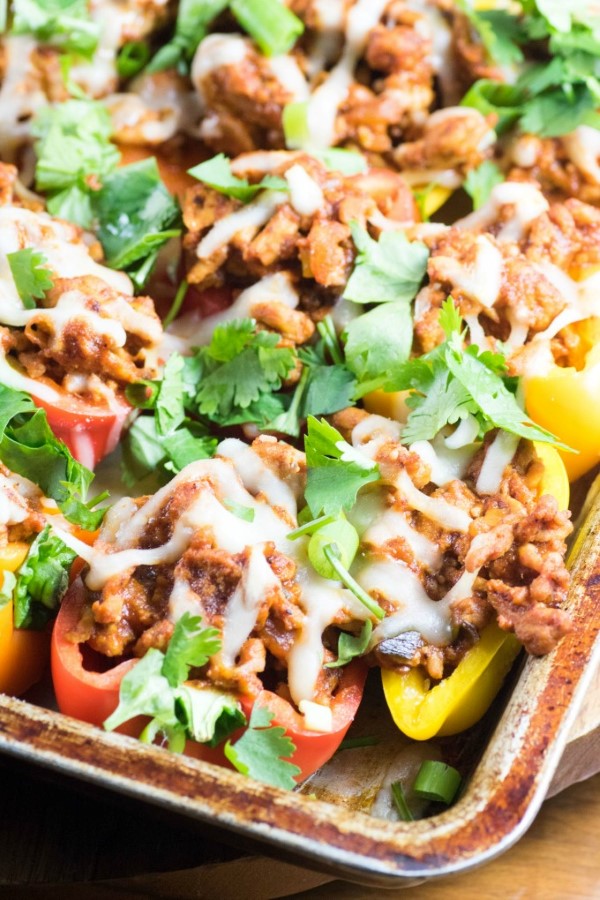 Healthy Mini Pepper Low Carb Nachos on a baking sheet