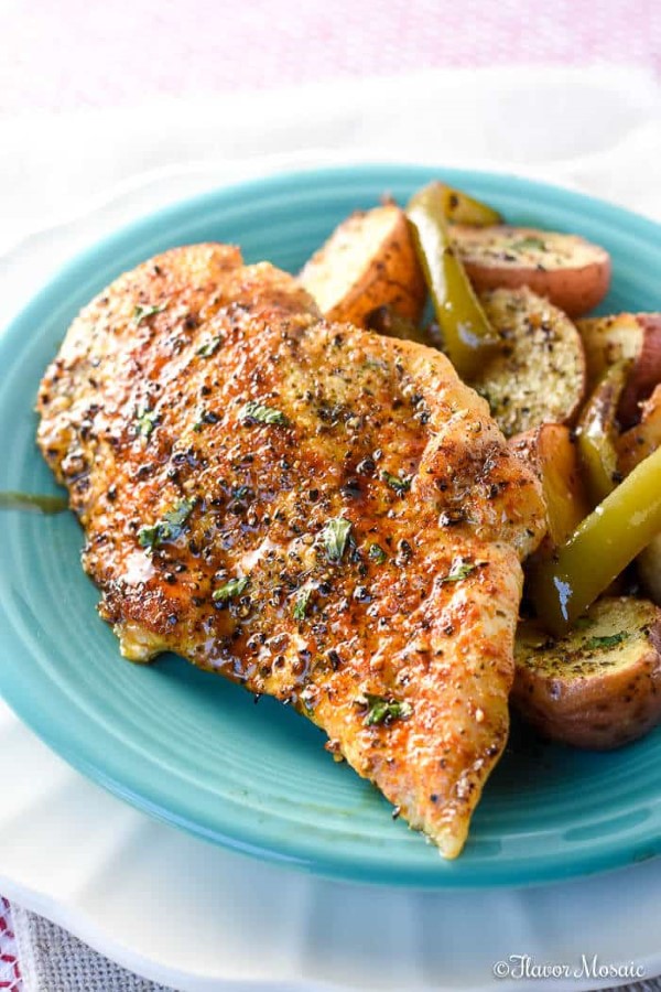 Honey Balsalmic Sheet Pan Chicken on a blue plate