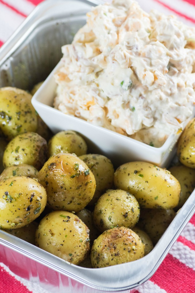 Million Dollar Dip with Roasted Little Potatoes in a pan