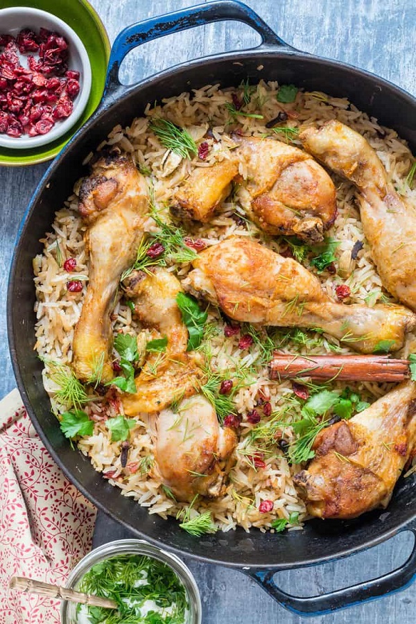 One Pot Chicken and Rice with Caramelized Onions in a skillet