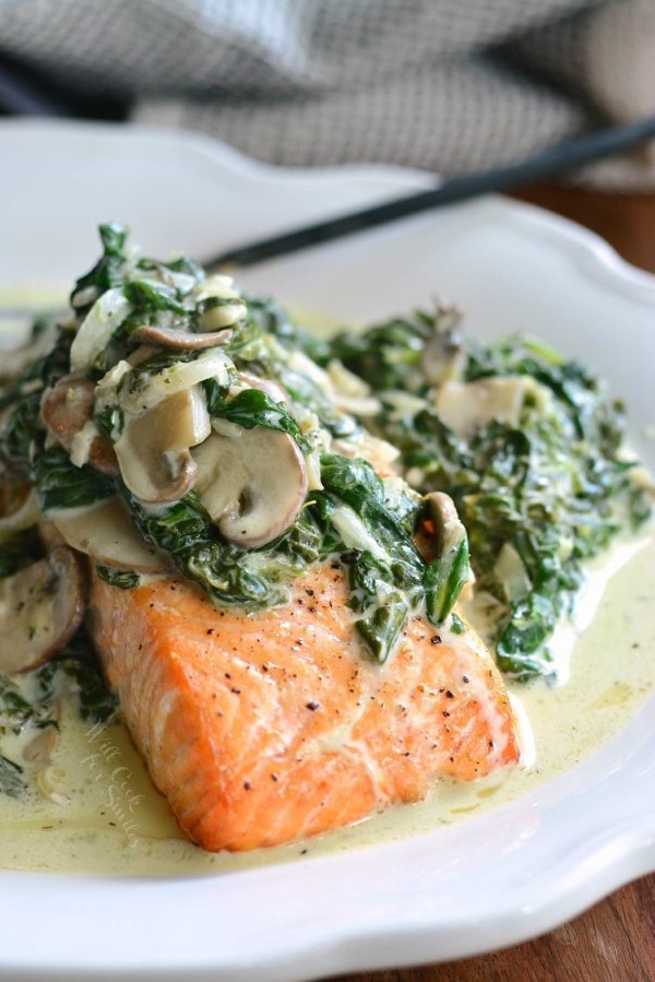 Salmon Florentine on a white plate