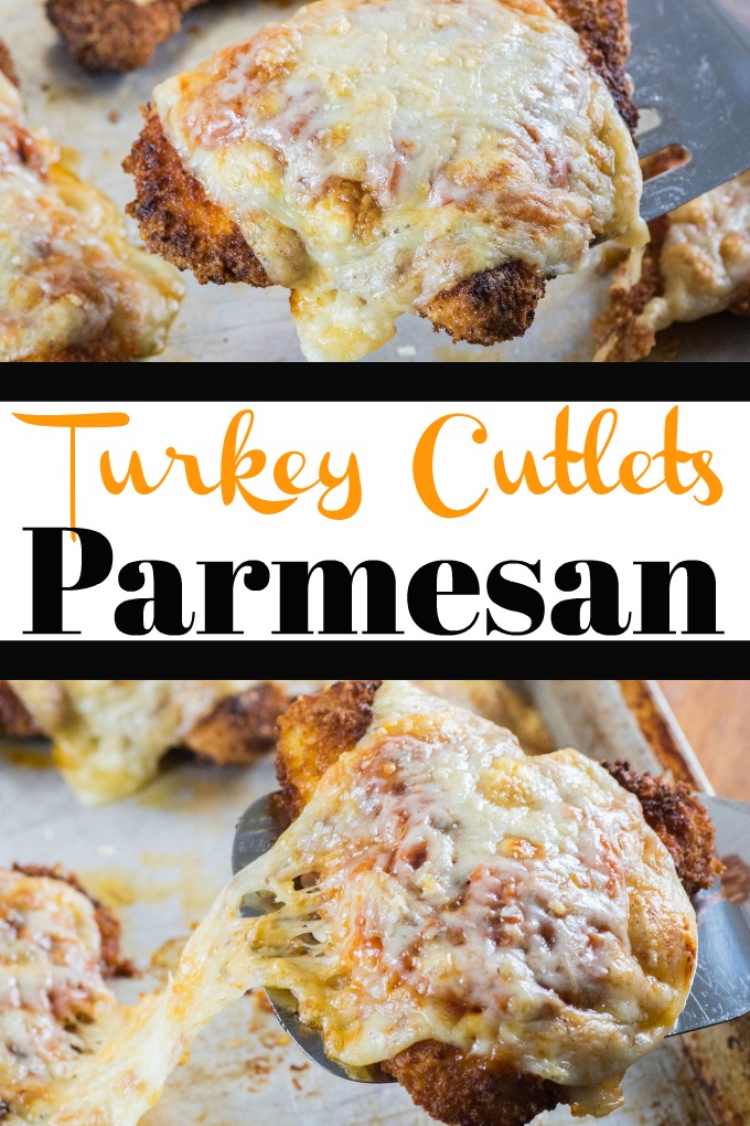 Turkey Cutlets Parmesan are a great makeover recipe using delicious turkey. Crisp on the outside, with ooey gooey cheese and tomato sauce! #turkeyparmesan #turkeycutlets #turkey