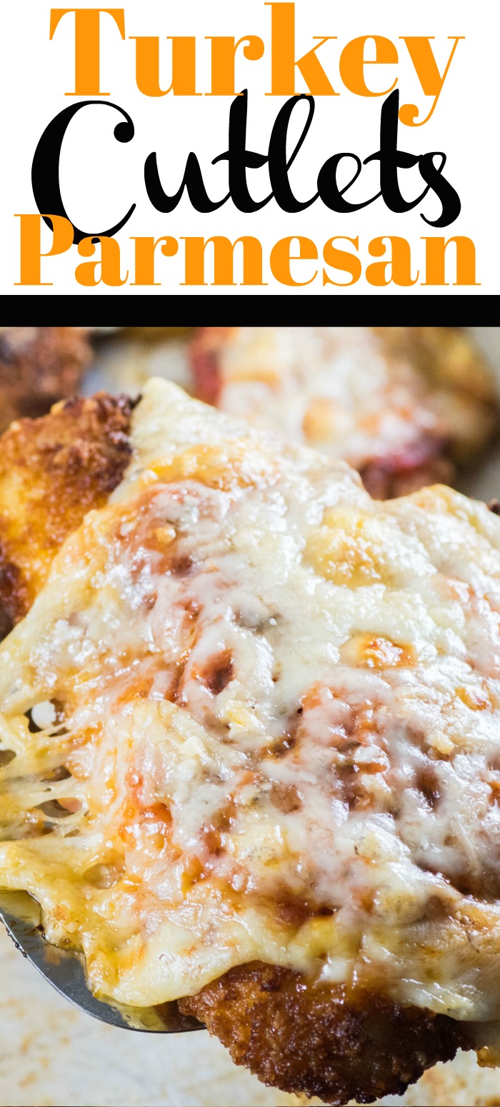 Turkey Cutlets Parmesan are a great makeover recipe using delicious turkey. Crisp on the outside, with ooey gooey cheese and tomato sauce! #turkeyparmesan #turkeycutlets #turkey