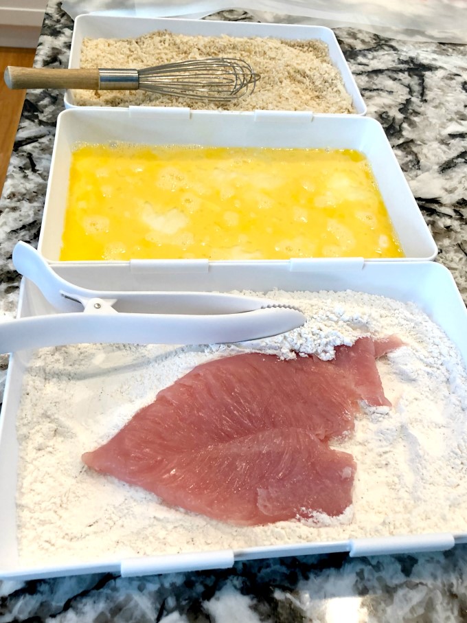 Breading station for turkey cutlets