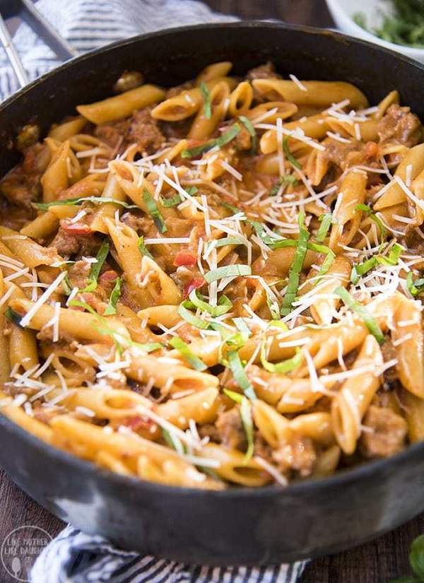 One Pot Sausage Pasta in a skillet