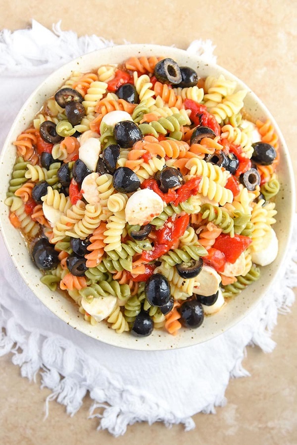 Tri colored pasta salad in a bowl