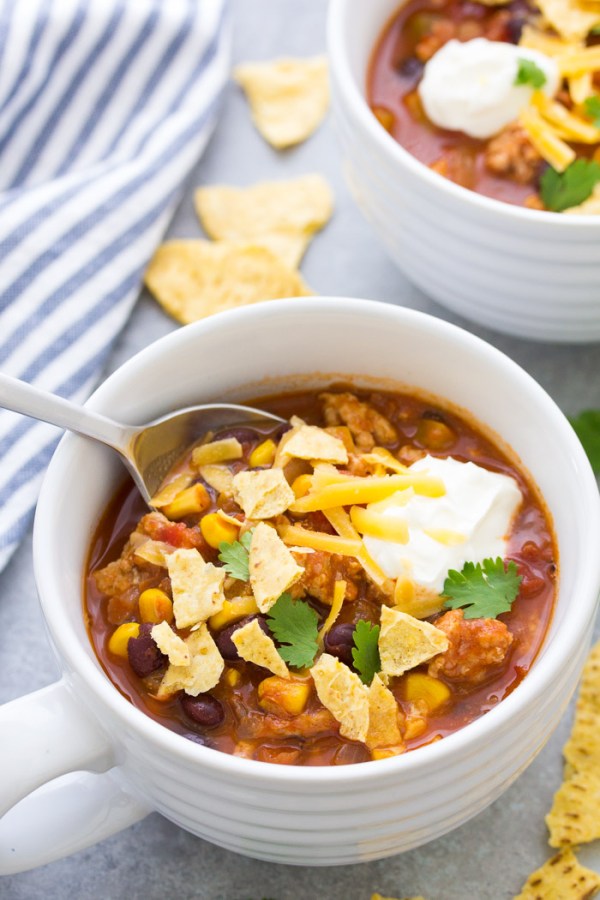 Turkey Taco Soup in a white bowl