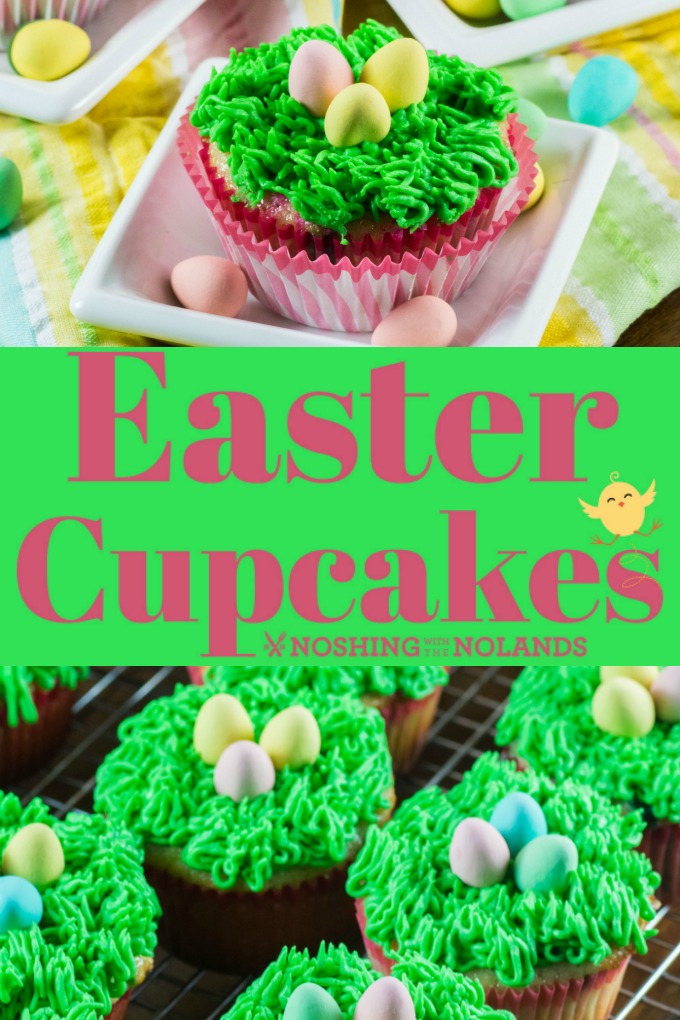 Easter Cupcakes made into little nests are as much fun to make as they are to eat!! #eastercupcakes #easter #cupcakes #nests #grassicing