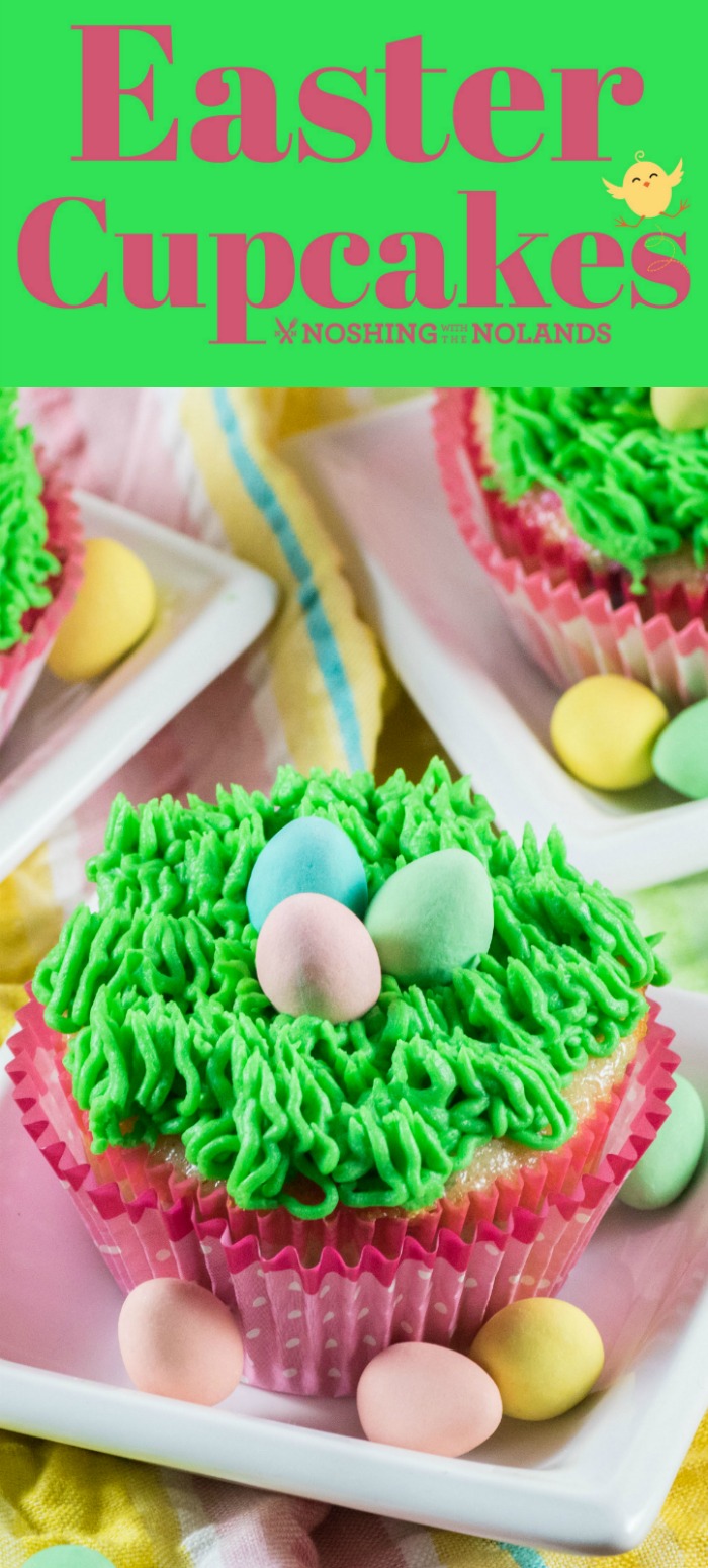 Easter Cupcakes made into little nests are as much fun to make as they are to eat!! #eastercupcakes #easter #cupcakes #nests #grassicing