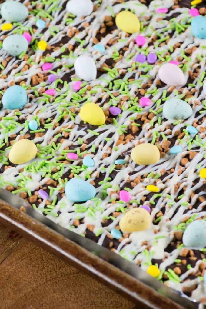 Easter Toffee Bark on a sheet pan