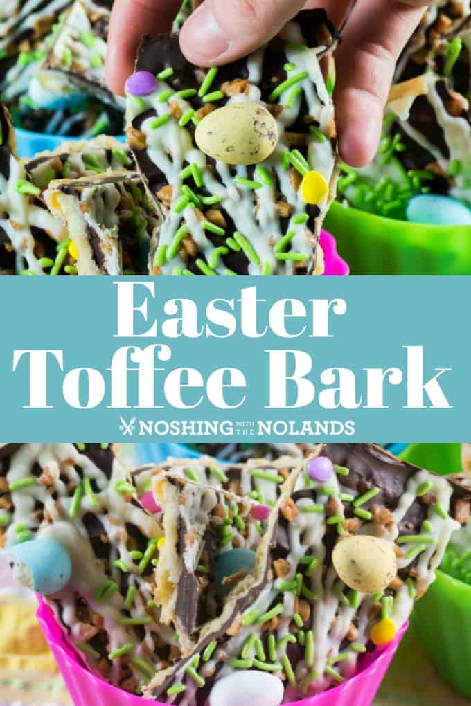 Sweet toffee bark is decorated with pastel-colored Easter sprinkles and candy-coated chocolate Easter eggs for the perfect spring holiday treat. #easterbark #toffeebark #bark #candy