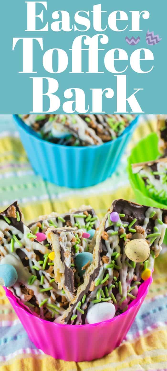 Sweet toffee bark is decorated with pastel-colored Easter sprinkles and candy-coated chocolate Easter eggs for the perfect spring holiday treat. #easterbark #toffeebark #bark #candy