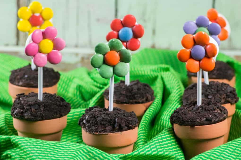 Flower Pot Cupcakes on a green table cloth