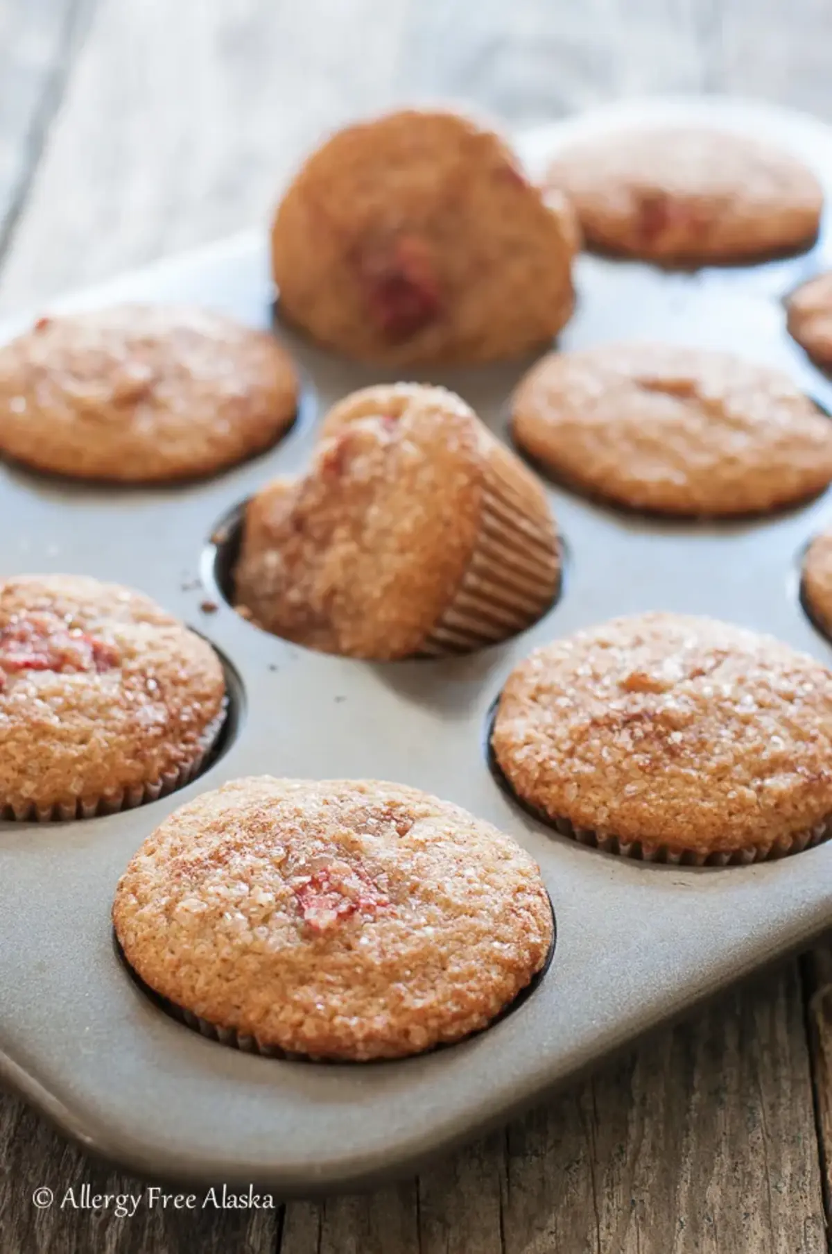 Gluten Free Rhubarb Muffins in a baking tray.