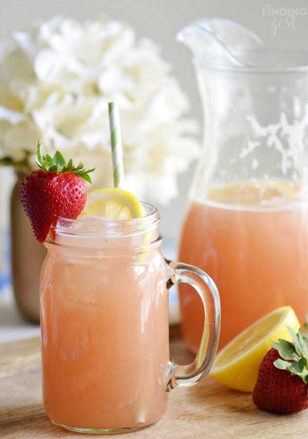 Homemade Strawberry Rhubarb Lemonade in a mason jar mug