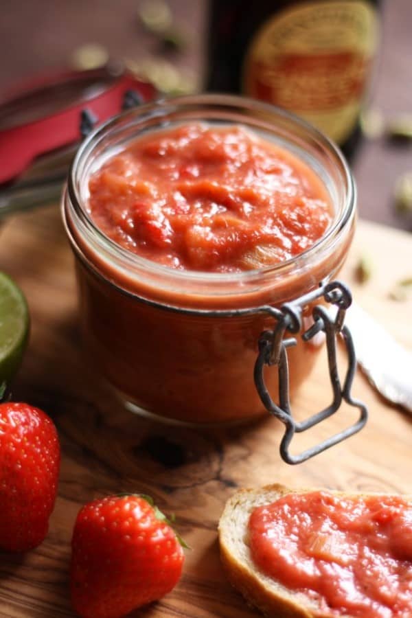 Rhubarb Chutney with Strawberries and Ginger in a jar