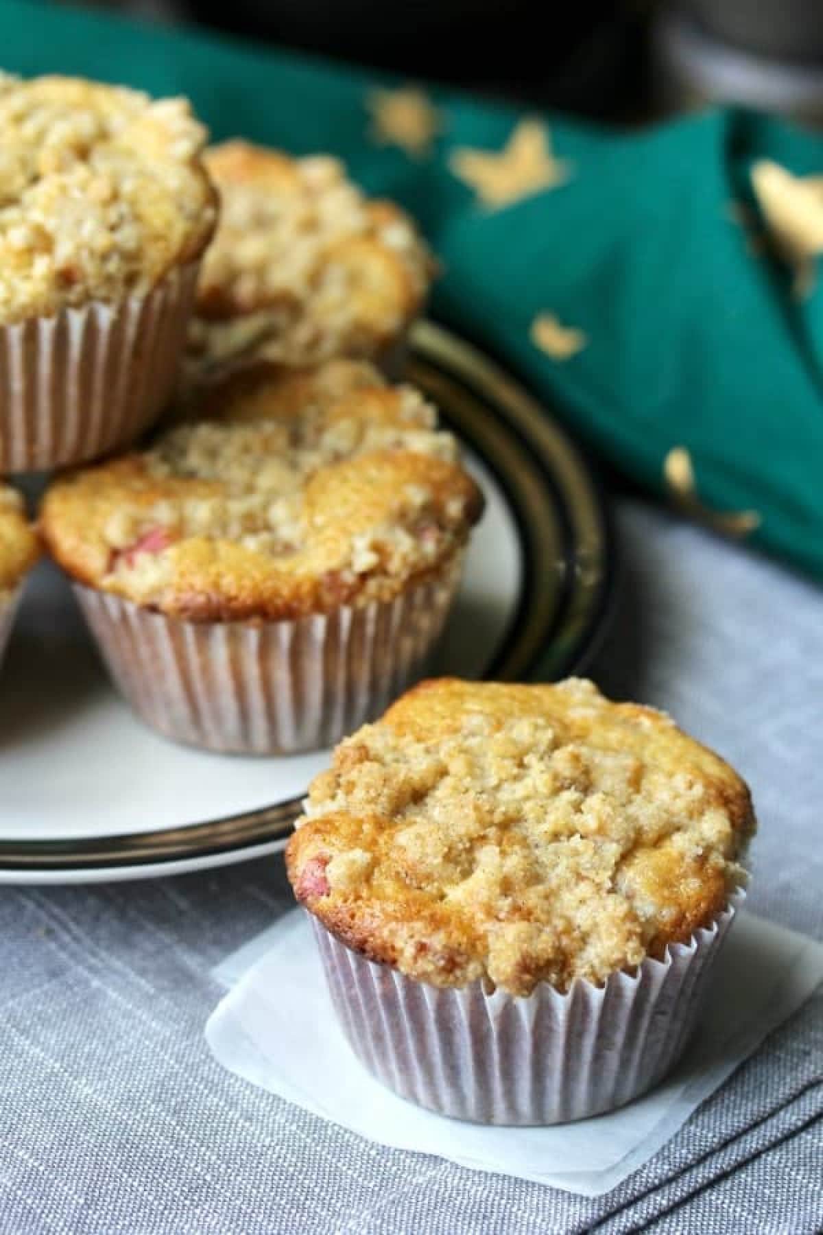 Rhubarb Muffins served on a plate.