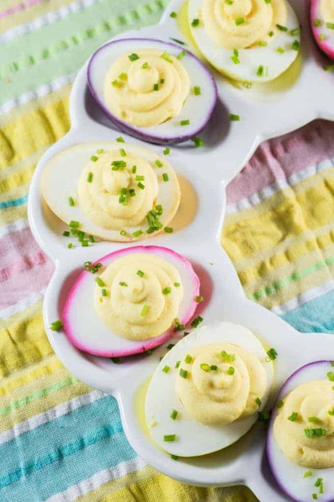 Overhead shot of Rainbow Easter Deviled Eggs