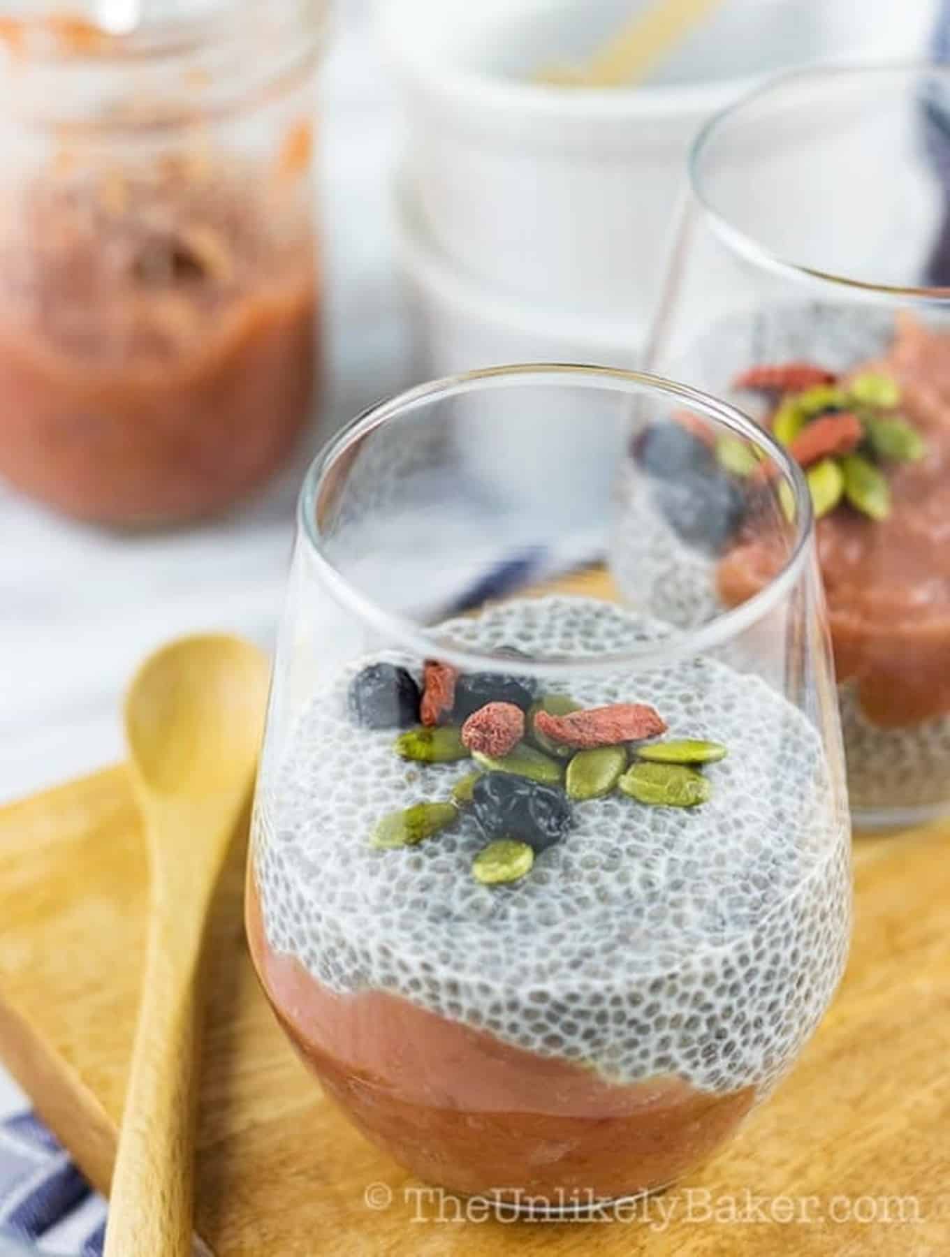 Rhubarb Chia Pudding in a clear glass.