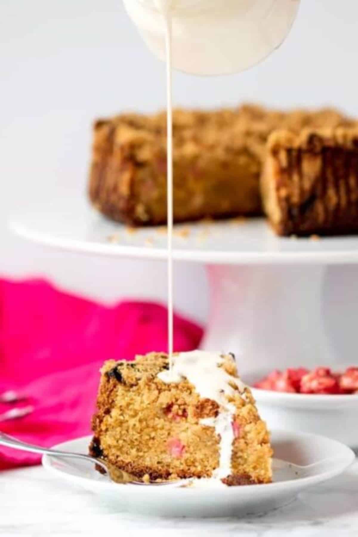 Rhubarb Crumble Cake Served with fresh cream.