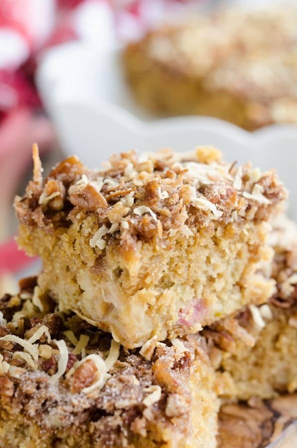 Rhubarb Streusel Coffee Cake piled high