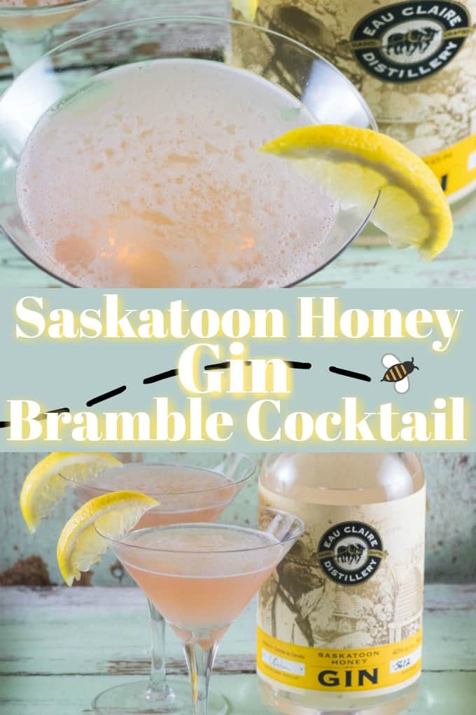 This Saskatoon Honey Gin Bramble Cocktail is the perfect libation for spring with it's sweet tart flavor! #gin #Saskatoonberries #lemon #honey #ShareEauClaire