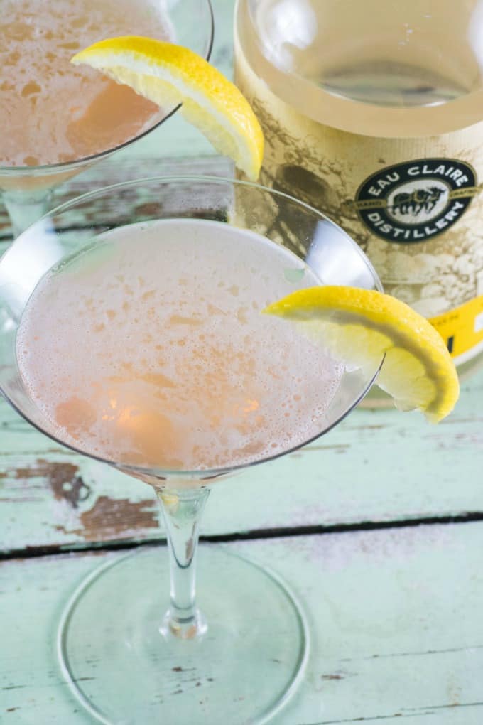 Overhead shot of a Saskatoon Honey Gin Bramble Cocktail