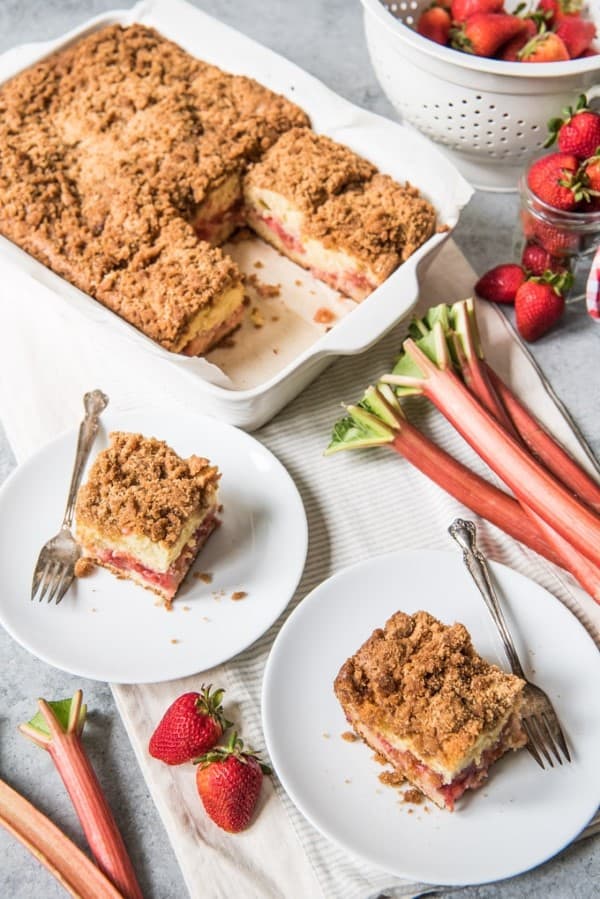 Strawberry Rhubarb Coffee Cake served up on white dishes