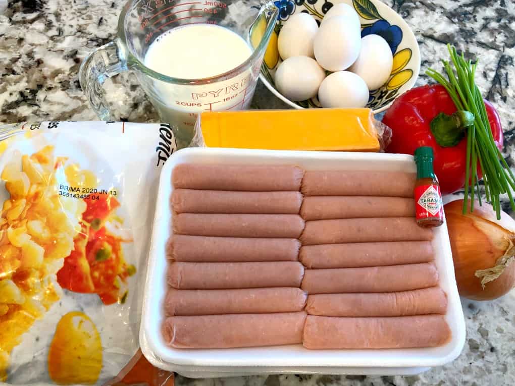 Turkey Sausage, eggs, milk, cheese, red pepper, onion, Tabasco, hash browns