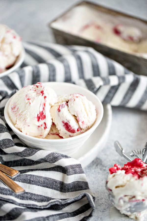 No Churn Vanilla Frozen Yogurt with Balsamic Roasted Strawberry Rhubarb in a bowl