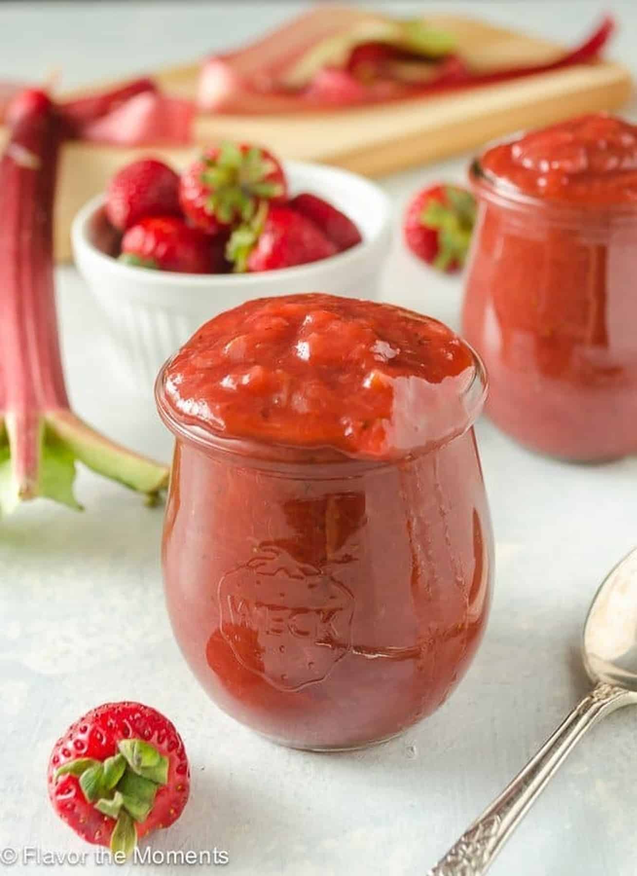 Small Batch Strawberry Rhubarb Jam in jars.
