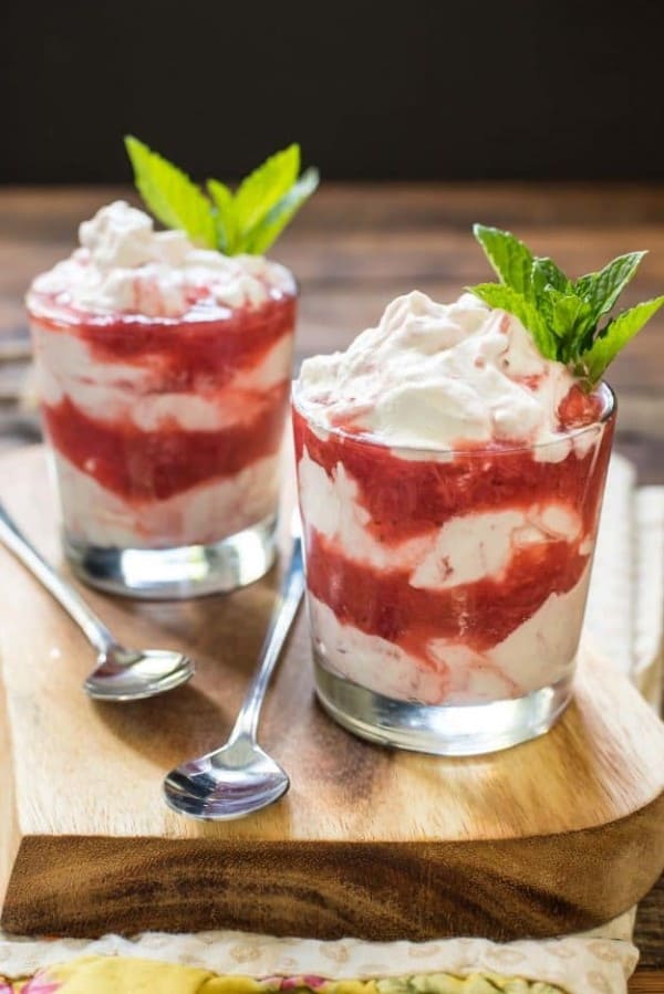 Strawberry Rhubarb Fool in clear glasses