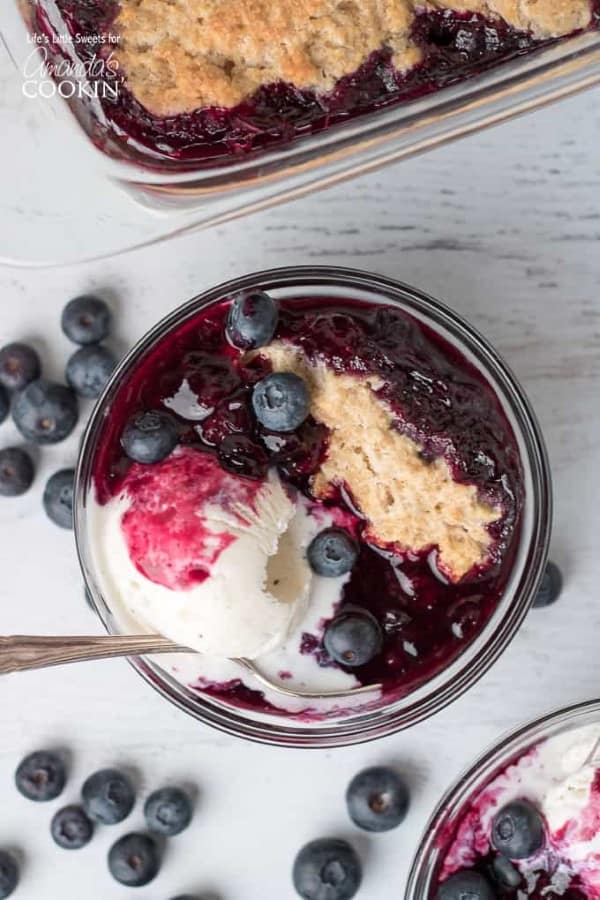 Blueberry Cobbler with vanilla ice cream in a bowl