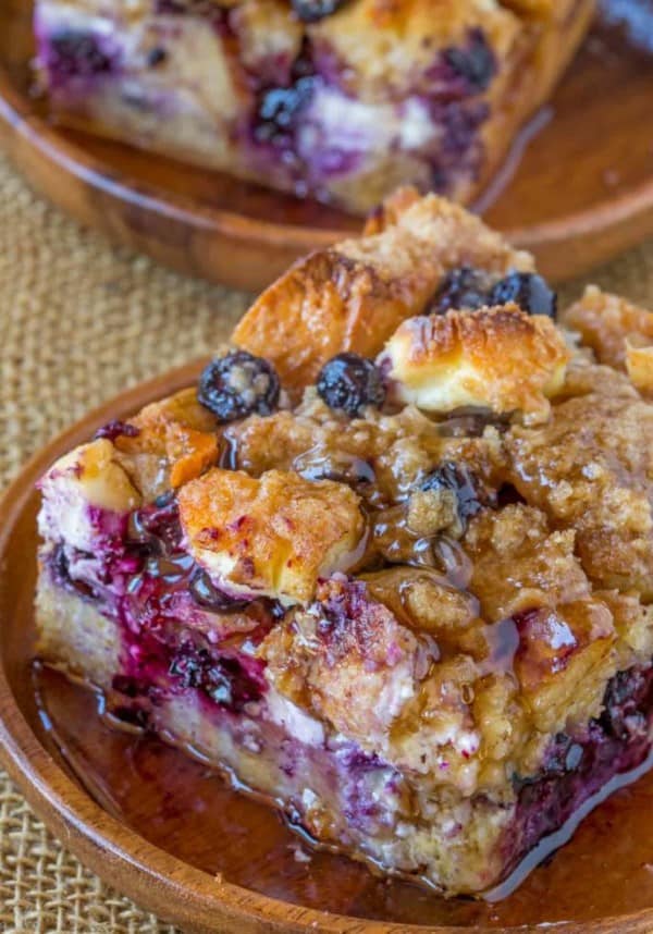 Blueberry Cream Cheese French Toast Bake on wooden plates
