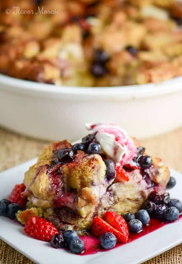 Blueberry Strawberry French Toast Casserole on a white plate