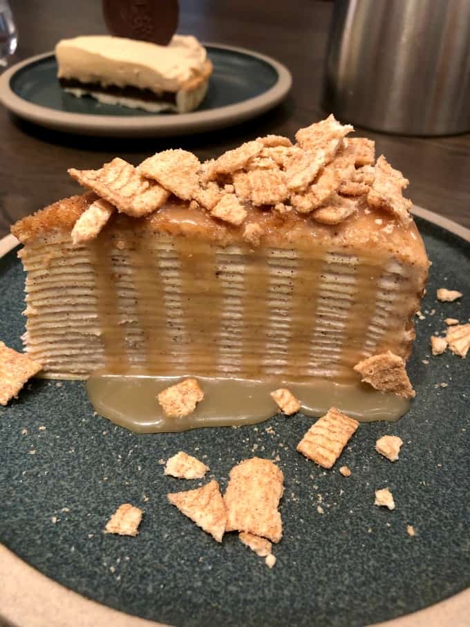 Cinnamon Toast Crunch Mille Crepe on a plate