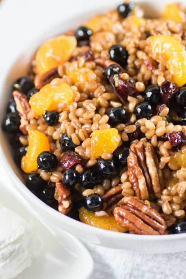 Wheat Berry Salad in a white bowl