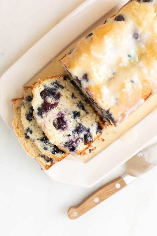 Blueberry Bread sliced on a white plate