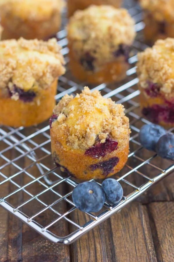 Blueberry Coffee Cake Bites on a cooling rack
