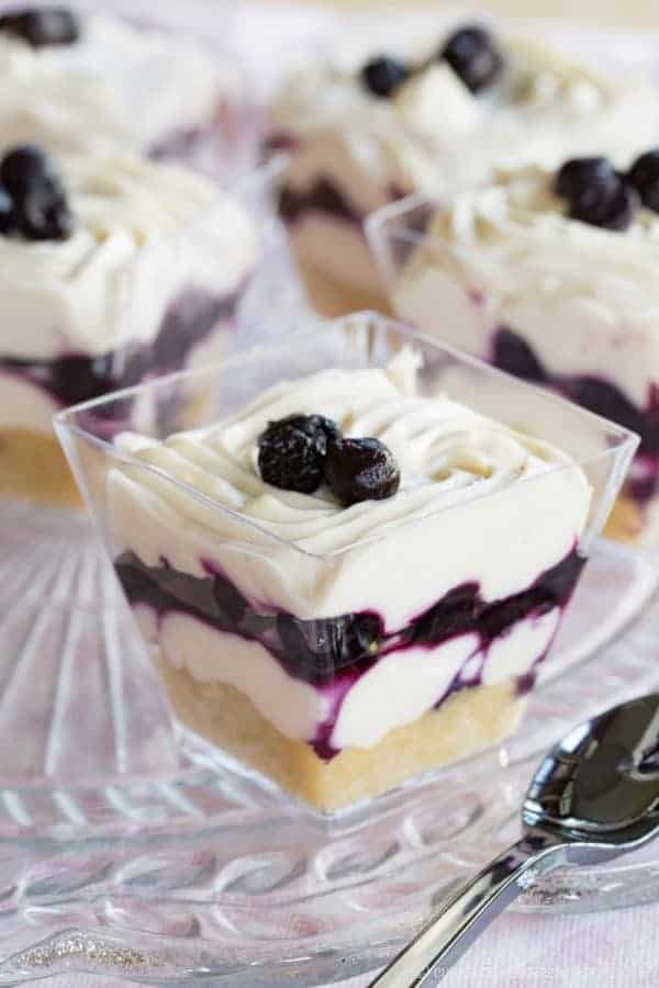 Blueberry Maple Mini Cheesecake Parfaits in small clear cups