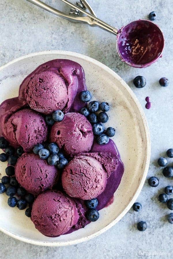 Roasted Blueberry Creme Fraiche Ice Cream scooped into a large bowl with fresh blueberries