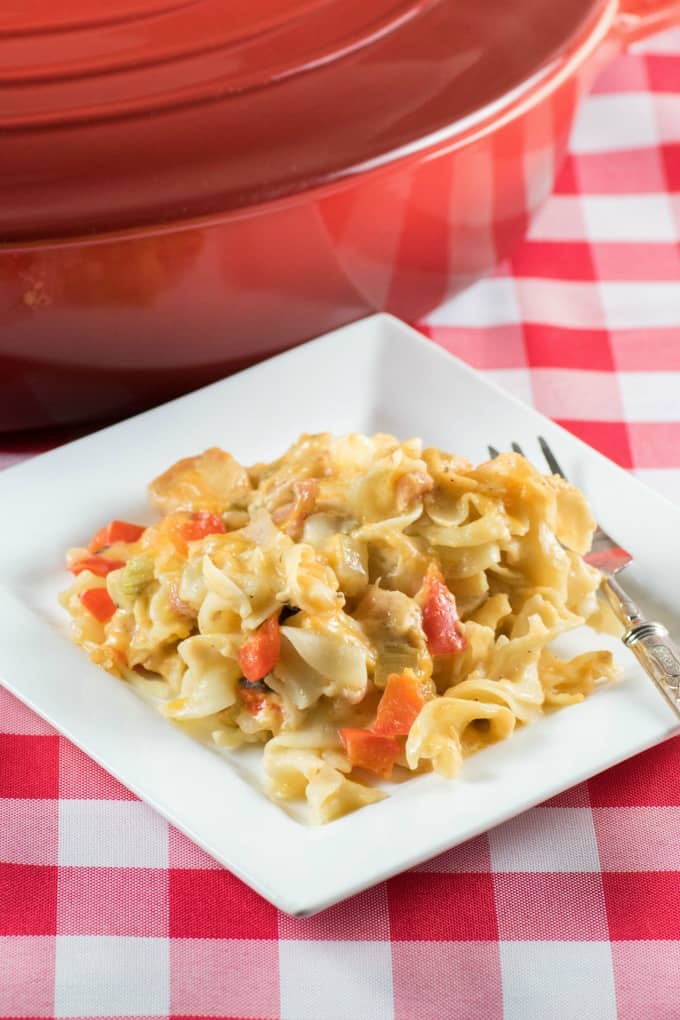 Cheesy Noodle Ham Casserole on a white plate on a checkered tablecloth