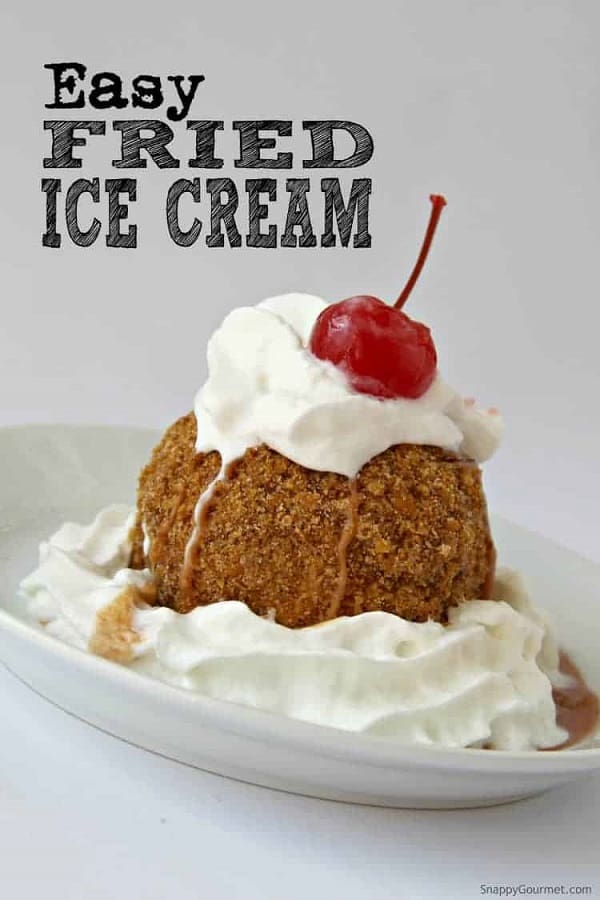 Fried ice cream ball with whipped cream around the bottom and on top with a cherry, on a white plate in 21 Awesome Frozen Desserts