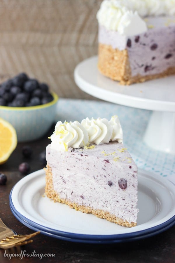 A slice of no-churn blueberry pie on a white plate