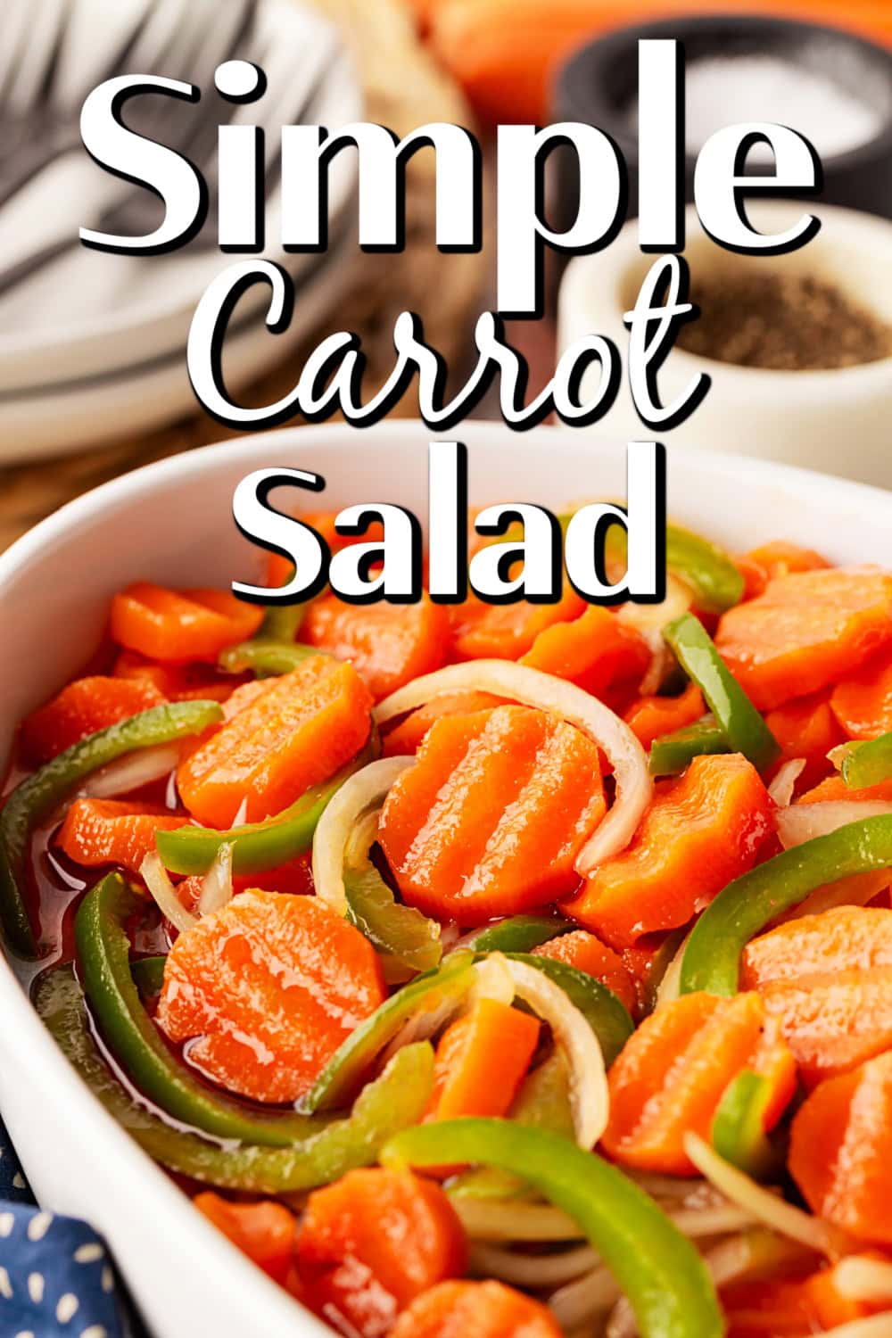 This Marinated Carrot Salad was a staple in our fridge as I grew up. It can be marinated for a long time, so it is perfect to have at the ready for any outing. Marinated Carrot Salad Pin.