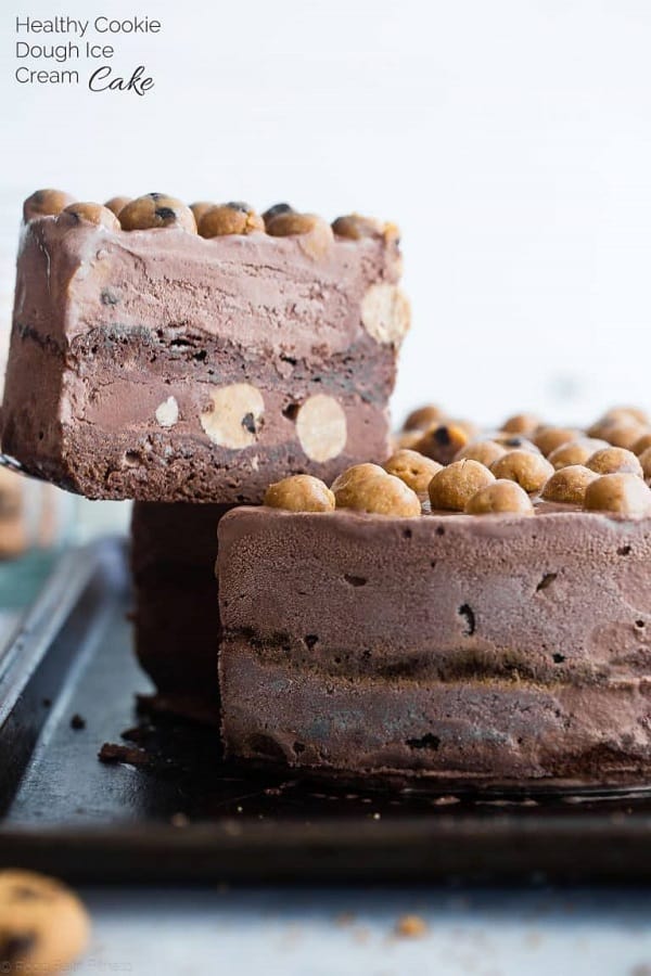 A slice of chick pea cookie dough ice cream cake lifted our of the whole cake