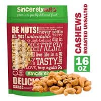 Sincerely Nuts – Whole Cashews Roasted and Unsalted | One Lb. Bag | Deluxe Kosher Snack Food | Healthy Source of Protein, Vitamin & Mineral Nutritional Content | Gourmet Quality Vegan Cashew Nut