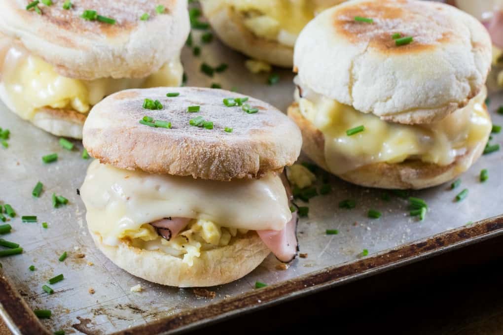 Cordon Bleu Breakfast Sandwich with Dijon Cream Sauce on a baking tray