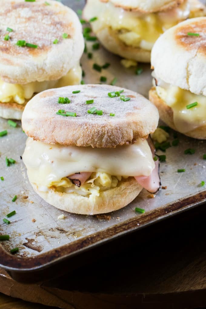 Cordon Bleu Breakfast Sandwich with Dijon Cream Sauce on a baking tray